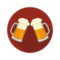 Beer mug cheers icon. Two toasting glasses of beer with foam. Vector illustration.